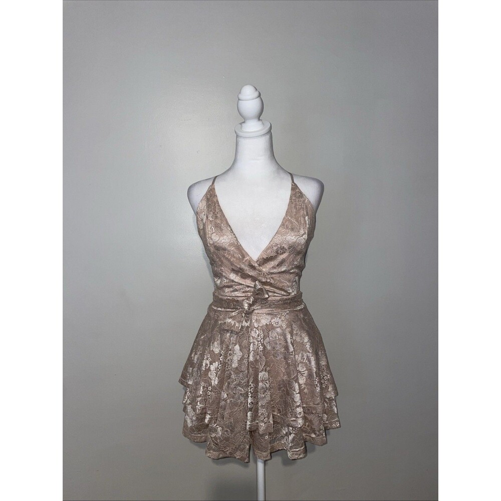 TRAC Small Blush Lace Surplice Dress Romper Cross Back Coquette Party